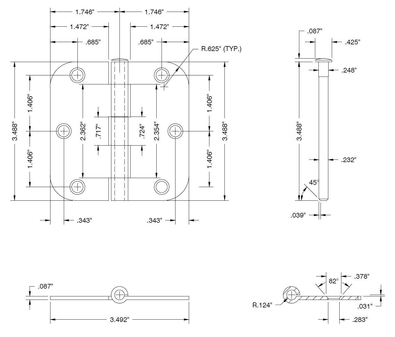 INTERIOR 3.5" x 3.5" Door Hinge - 5/8" Round Radius - Pease Doors: The Door Store